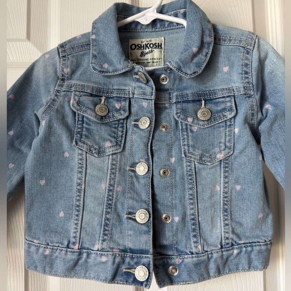 OshKosh Heart Denim Jacket Toddler Girl 2T Pink Hearts Jean Jacket Cute
